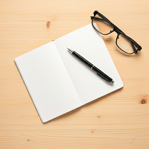 Overhead shot of a clean workspace with a notebook, pen, and glasses on a light wooden table