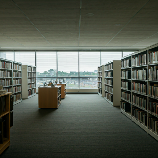 Modern library interior with natural light streaming through large windows and rows of neatly organized books
